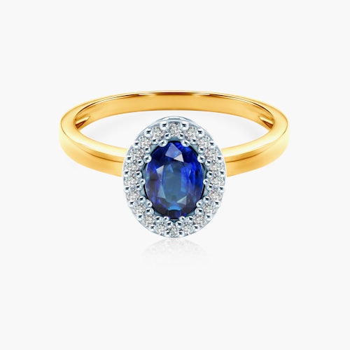 Pierścionek zaręczynowy SAVICKI: dwukolorowe złoto, niebieski szafir, diamenty